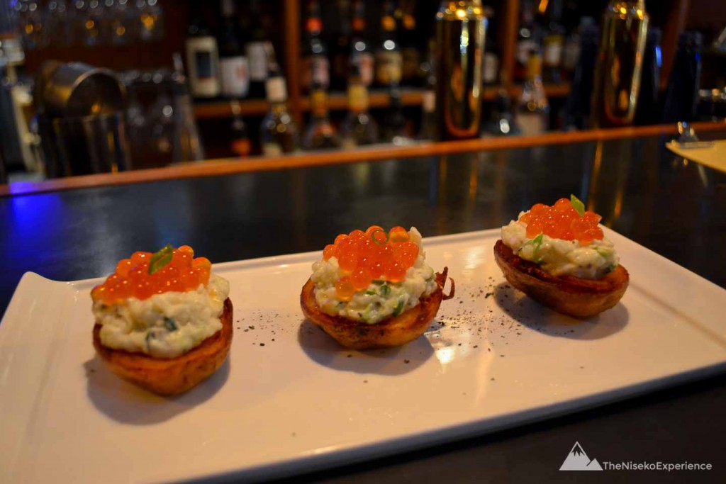 Organic Potato Cups filled with Potato Salad and topped with Salmon Caviar Potato Cups